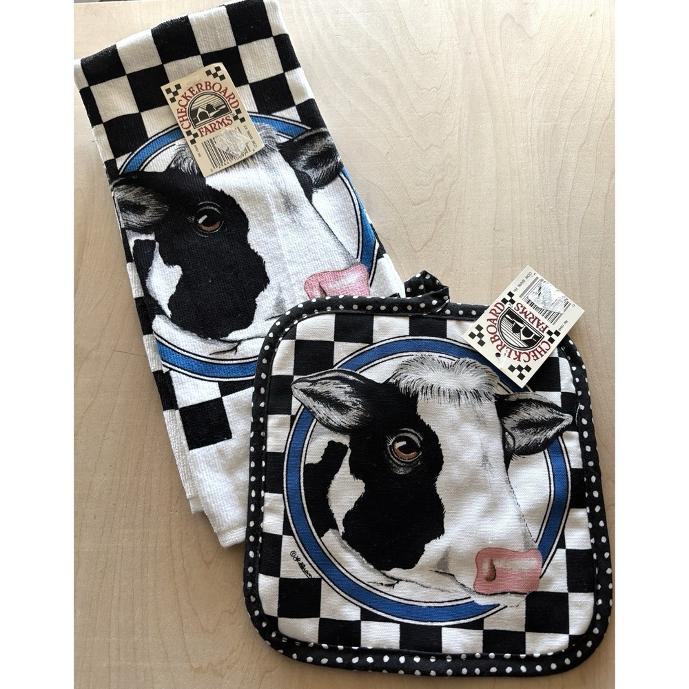 Vtg 1980s Cow Kitchen Towel Potholder LOT of 2 NWT Black White Check Cottage